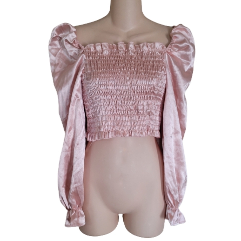 Shein Pink Cropped Blouse with Puff Sleeve Size Women's 4 NEW
